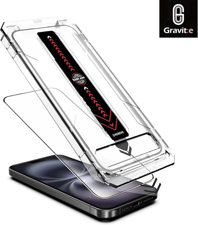 Gravit:e Screen Protector for iPhone, 9H Tempered Glass, Smart Installation Tool, Automatic Fine Dust Removal and Camera Protector 2 Pack (iPhone 16)