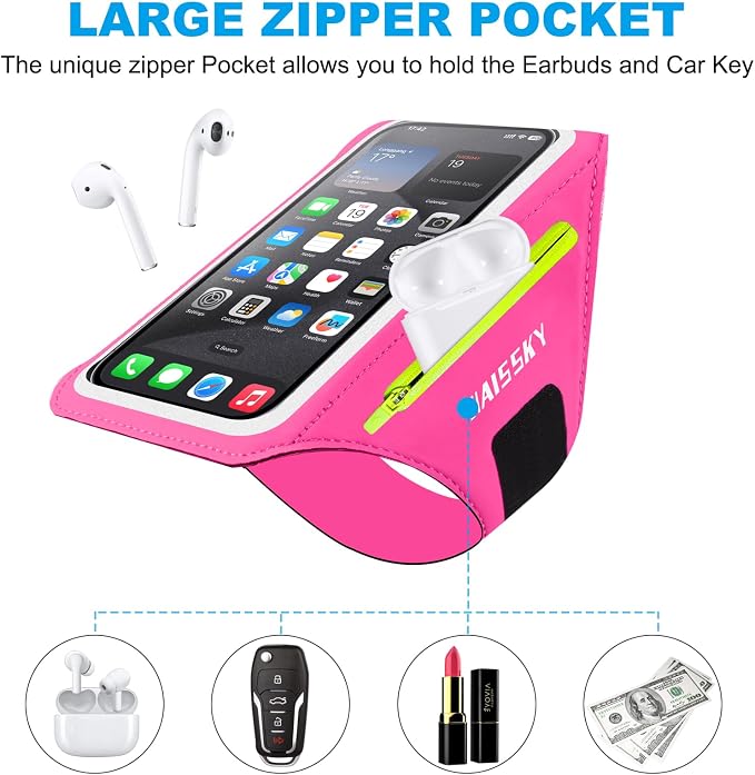 Cell Phone Running Armband with Zipper Pocket Armband Case Running Holder for iPhone 16 Pro Max/15/14 Pro Max/13/12 /11 Pro Max/XS/XR,Galaxy S20 S10,Sweatproof Arm Band with Card/Key Bag