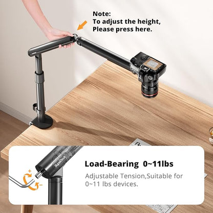 Overhead Camera Mount, Adjustable Desk Mount with Flexible Aluminum Spring Arm, 360° Ball Head, 1/4" 3/8" Screw & Phone Clamp for DSLR Cameras, Light, Heavy Microphones, and Smartphones