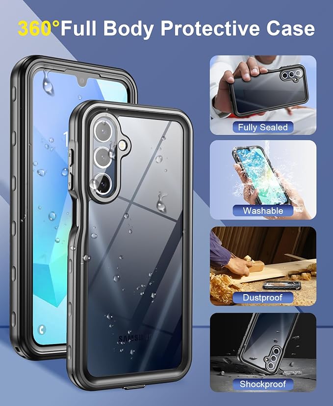 Beasyjoy for Samsung Galaxy A16 5G Phone Case, IP68 Waterproof with Built-in Screen Protector, Rugged Full Body Military Grade Shockproof Dustproof Protective Underwater Cover, Black/Clear