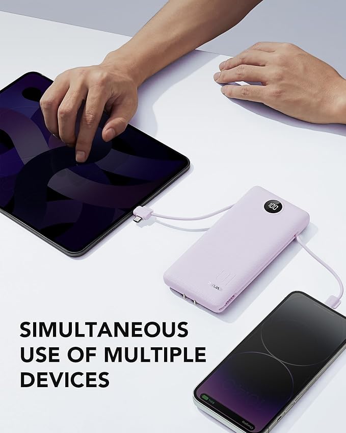 VRURC Portable Charger, Power Bank Built-in Cables and AC Wall Plug | USB C Power Bank 10000mAh Travel Essentials Phone Charger Compact External Battery Pack For Smart Phones, Tablets etc-Purple