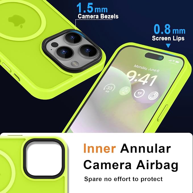 MOCCA Strong Magnetic for iPhone 15 Pro Max Case, [Compatible with Magsafe][13FT Military Drop Protection] Slim Translucent Matte Shockproof Case for iPhone 15 ProMax Case 6.7'' - Fluorescent Green