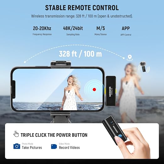NEEWER KM23Max Wireless Lavalier Microphone 48KHz/24Bit 328ft Range 8H Battery Noise Cancelling Omnidirectional Mini USB C Mic Compatible with DJI Insta360 iPhone Android Phone PC (1x RX + 2X TX)