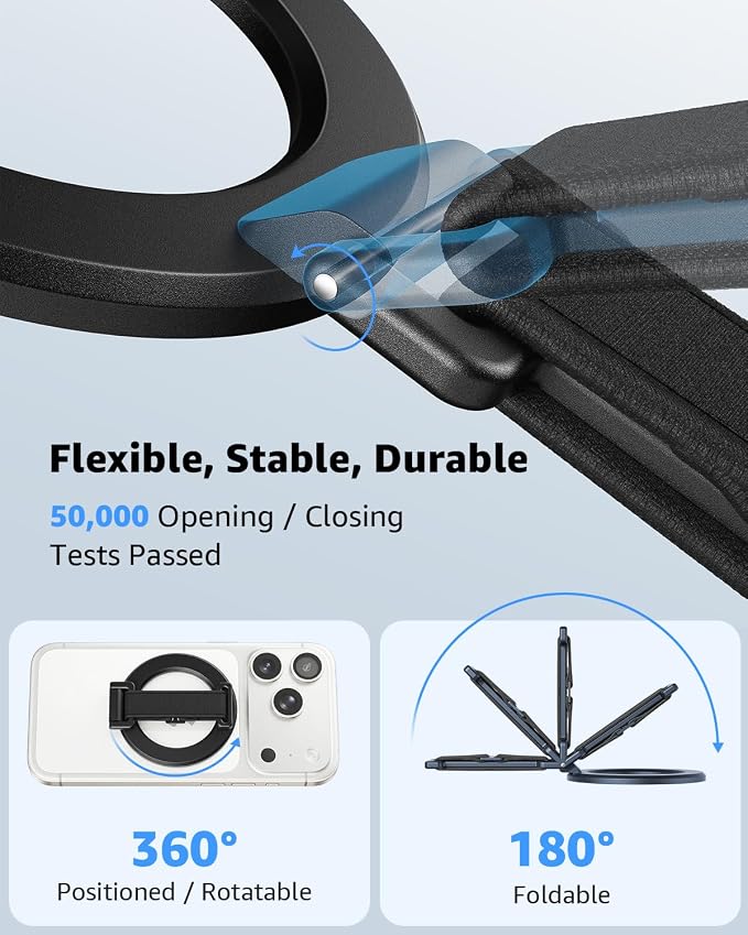 SUPERONE 2025 Upgrade for MagSafe Phone Grip with Finger Strap, Removable MagSafe Ring Holder with Kickstand Finger Loop, Mag Safe Accessories for iPhone 17/16/15/14/13/12 Series, Black