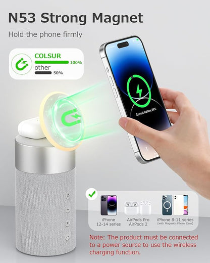 COLSUR Bluetooth Speaker, Magnetic Wireless Charger, Bluetooth Speakers with Night Light, 2 in 1 Wireless Charging Station for iPhone 17/16/15/14/13/12 Series, AirPods Pro 2/4/3/2（Gift Ideal）(Gray)