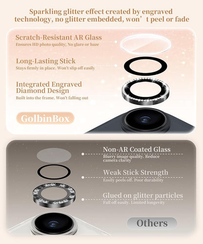GolbinBox Camera Lens Protector for iPhone 14/14 Plus, 1:1 Invisible Fit, 9H Tempered Glass Ultra HD Metal Individual Camera Cover for Women, Case Friendly, Bling/Black