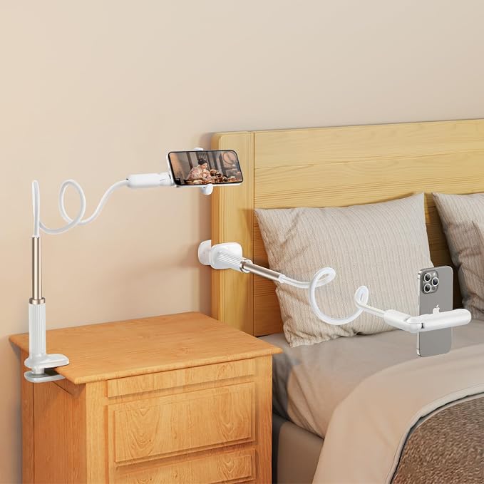 Gooseneck Phone Holder for Bed Laying Down with Clamp, Flexible Arm Overhead Phone Mount for Desk Bedside, Cell Phone Stand Adjustable Fit for iPhone 16 Promax, 15 Pro, 14 Plus, 13 & 4-7" Phone