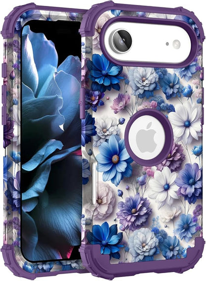 Hocase for iPhone Air Case 6.5", Heavy Duty Shockproof Protection Soft Silicone Rubber+Hard Plastic Bumpers Hybrid Protective Case for iPhone Air 2025 - Blue Purple Flowers