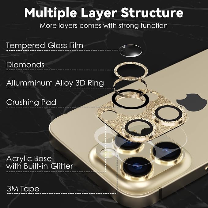 CloudValley for iPhone 14 Pro/iPhone 14 Pro Max Glitter Camera Lens Protector, 9H Tempered Glass [All in 1 Design], Case Friendly Anti-Scatch High Definition, GlitterGold