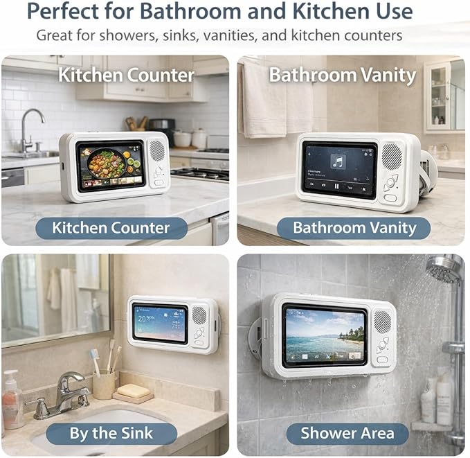 Waterproof Shower Phone Holder with Built-in Bluetooth Speaker, Wall Mount Touch Screen Phone Case for Bathroom, Anti-Fog Window, Fits Smartphones up to 7”, Hands-Free Video & Music (Black)