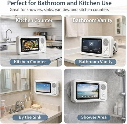 Waterproof Shower Phone Holder with Built-in Bluetooth Speaker, Wall Mount Touch Screen Phone Case for Bathroom, Anti-Fog Window, Fits Smartphones up to 7”, Hands-Free Video & Music (Black)