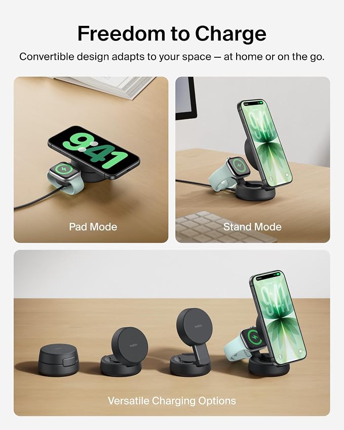 Belkin MagSafe Charger Compatible, 2-in-1 Wireless Charging Station, Qi2.2 25W Convertible Magnetic Charger for iPhone 17, Apple Watch Series 10, Google Pixel 10, and More (45W Adapter Included)