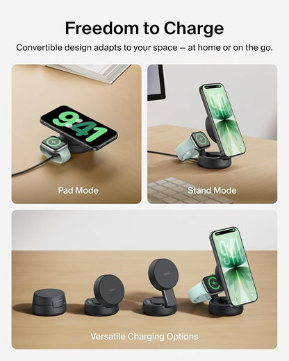 Belkin MagSafe Charger Compatible, 2-in-1 Wireless Charging Station, Qi2.2 25W Convertible Magnetic Charger for iPhone 17, Apple Watch Series 10, Google Pixel 10, and More (45W Adapter Included)