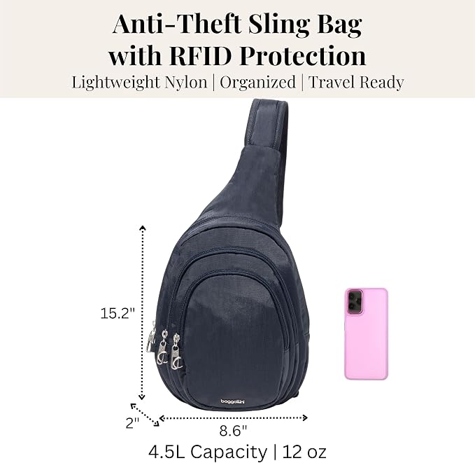 Baggallini Securtex® Anti-Theft Multi Zip Sling - Lightweight 8.6"x15.2" Travel Bag with Locking Zippers & RFID Protection