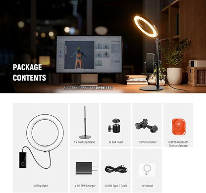 NEEWER 12" 24W High Power Desk Ring Light with Stand/Phone Holder, LED Selfie Video Conference Lighting for iPhone Streaming Makeup Vlog Recording Laptop Computer Webcam Zoom Call Podcast, RH12B