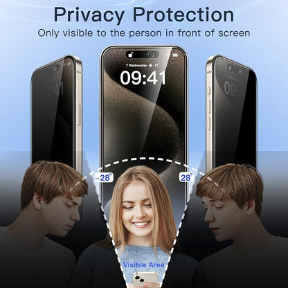 JETech Privacy Screen Protector for iPhone 15 Pro Max 6.7-Inch with Camera Lens Protector, Anti-Spy Tempered Glass Film, Easy Installation Tool, 2-Pack Each