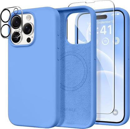 GONEZ for iPhone 15 Pro Max Case Silicone, Compatible with Magsafe, Camera Protector + Screen Protector, Soft Anti-Scratch Microfiber Lining, Liquid Silicone Shockproof Phone Cover, Sky Blue