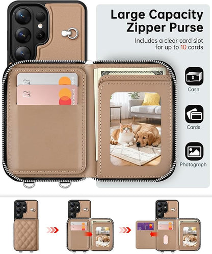 OCASE Compatible with Samsung Galaxy S26 Ultra Crossbody Wallet Case with Card Holder, PU Leather Zipper Handbag Phone Purse with RFID Blocking Kickstand Wrist Strap Lanyard, Khaki