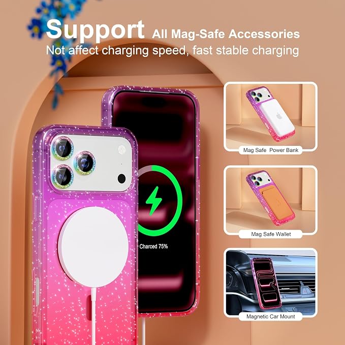 Choiche Magnetic for iPhone 17 Pro Case Compatible with MagSafe, Women Cute Glitter Sparkly Phone Case with Diamond Camera Lens Protectors, Military-Grade Drop Protection 6.3" (Purple/Pink)