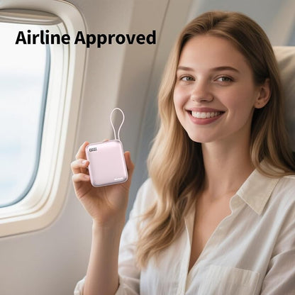 10000mAh Small Portable Charger with Built in Cables LED Display Pink | Mini Power Bank 22.5W USB-C Fast Charging Battery Pack, Travel Essential Power Bank for iPhone, iPad, Samsung, Android
