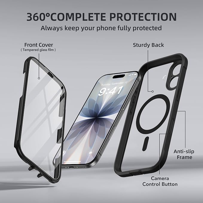 BERFY for iPhone 17 Case, Compatible with MagSafe, Built-in Glass Screen Protector, Camera Protection, Shockproof Full Body Phone case 6.3", Clear Black
