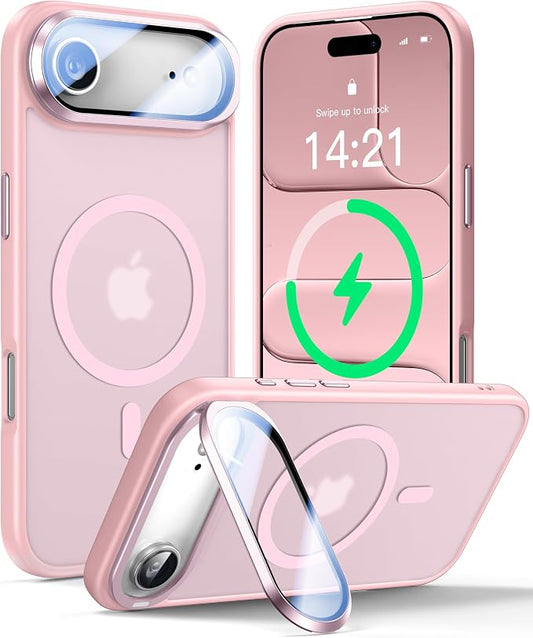 [Upgraded Full Camera Protection] for iPhone Air Case with Camera Cover Stand [Fit for MagSafe][10FT Mil-Grade Protection] Translucent Magnetic Phone Cover for iPhone 17 Air Case, Pink