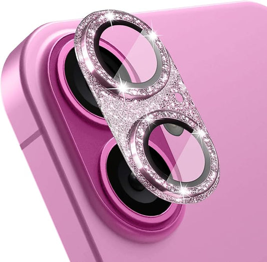 Camera Lens Protector for iPhone 16/iPhone 16 Plus, Bling Glitter Camera Cover with 9H Tempered Glass Metal Ring, Anti-Scratch Camera Protector for iPhone 16/iPhone 16 Plus (Glitter - Pink)