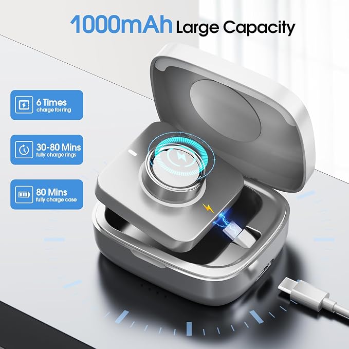 Compatible Charging Case for Ou-ra Ring Gen 3 & 4 Official Charger, Portable Charging Box with 1000mAh Capacity, Fits All Ring Sizes, 30-Day Runtime (Official Charger Not Included) Gray