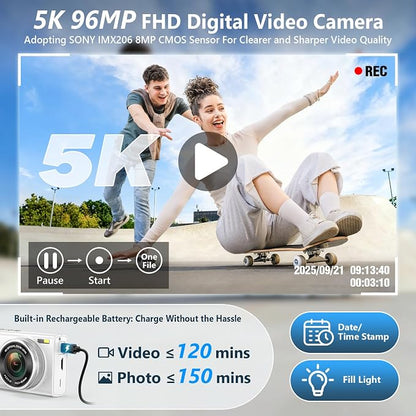 5K Digital Camera for Photography with 6X Optical Zoom, 2026 Latest 96MP Autofocus Vlogging Camera for YouTube with Dual Lens, Anti-Shake, Flash, Compact Small Travel Cameras with 64GB Card, White