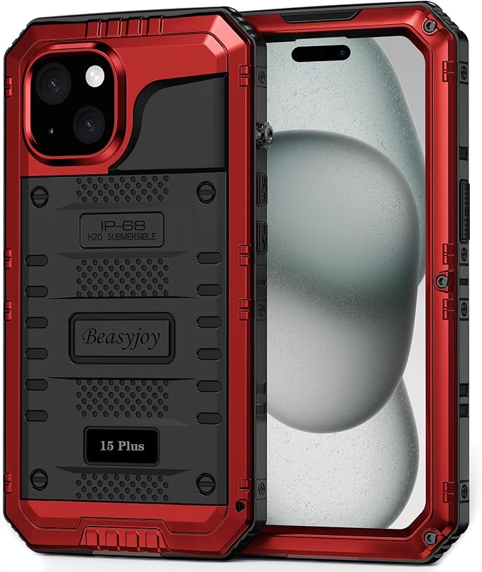 Beasyjoy for iPhone 15 Plus Case Waterproof, Metal Heavy Duty Full Body Protective Case with Built-in Screen Protector, Military Grade Shockproof Dustproof Defender Case for iPhone 15 Plus 6.7", Red