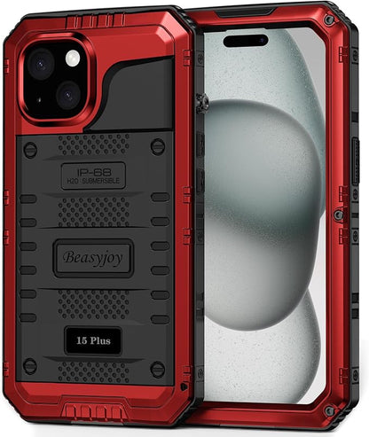 Beasyjoy for iPhone 15 Plus Case Waterproof, Metal Heavy Duty Full Body Protective Case with Built-in Screen Protector, Military Grade Shockproof Dustproof Defender Case for iPhone 15 Plus 6.7", Red