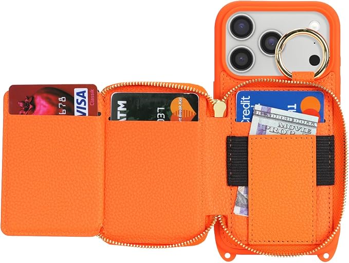 Crossbody Wallet Case for iPhone 17 Pro, PU Leather Zipper Handbag Purse Flip Cover, Kickstand Folio Case with Card Slots Holder Wrist Strap Lanyard 5G 6.3 Inch-Orange