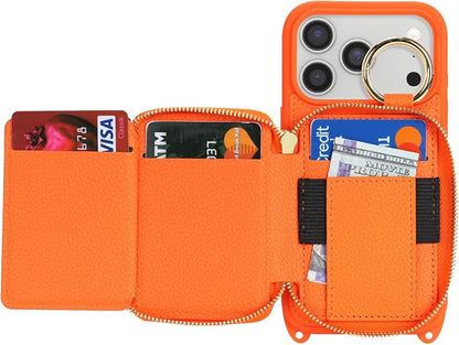 Crossbody Wallet Case for iPhone 17 Pro, PU Leather Zipper Handbag Purse Flip Cover, Kickstand Folio Case with Card Slots Holder Wrist Strap Lanyard 5G 6.3 Inch-Orange