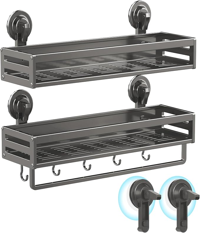 Shower Caddy Suction Cup, 15.7 inch 2 Pack Suction Shower Shelf with Hooks NO-Drilling Bathroom Holder, Rustproof Bathroom Organizer, Includes 2 Extra Suction Cups, Dark Grey