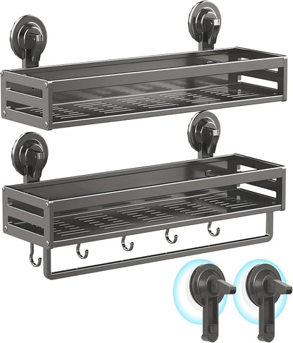Shower Caddy Suction Cup, 15.7 inch 2 Pack Suction Shower Shelf with Hooks NO-Drilling Bathroom Holder, Rustproof Bathroom Organizer, Includes 2 Extra Suction Cups, Dark Grey