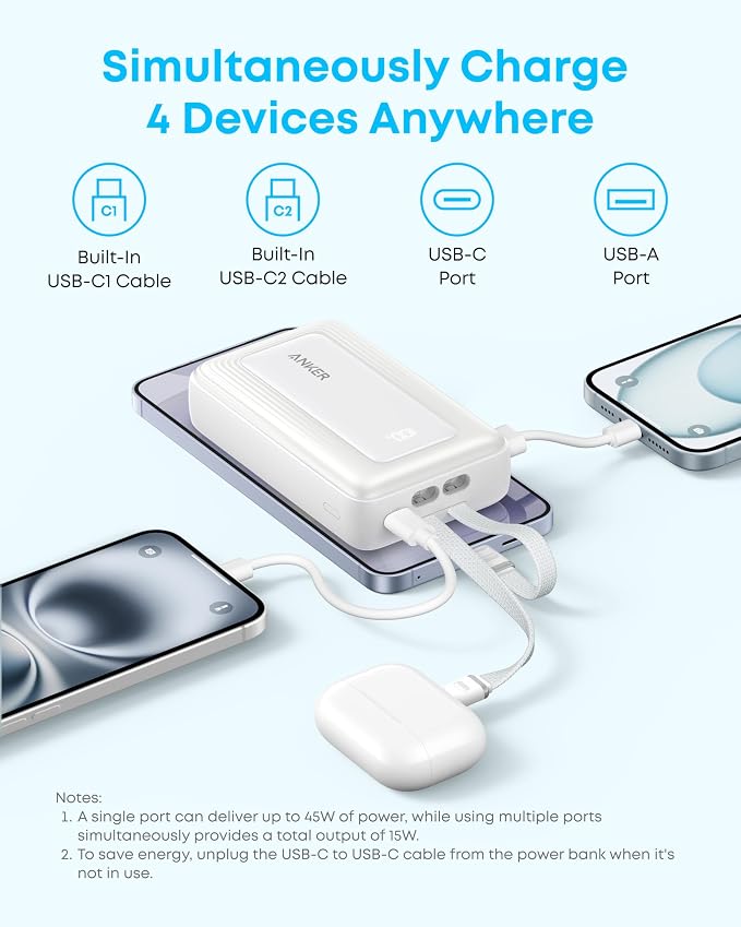 Anker Zolo Power Bank (2025 Upgraded Version), 45W Max Fast Charging, 20,000mAh Battery Pack, Dual Built-in USB-C Cables, USB-C&A Port, for iPhone 17/16 Series, Galaxy, MacBook, and More