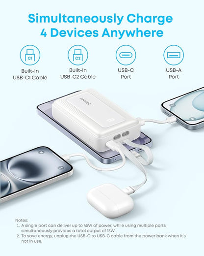 Anker Zolo Power Bank (2025 Upgraded Version), 45W Max Fast Charging, 20,000mAh Battery Pack, Dual Built-in USB-C Cables, USB-C&A Port, for iPhone 17/16 Series, Galaxy, MacBook, and More