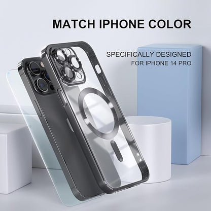 Misea Magnetic for iPhone 14 Pro Case Compatible with MagSafe [Never Yellowing] [Military Grade Drop Protection] Full Camera Lens Protector Plating Soft Clear Phone Case for Women Girls, Black