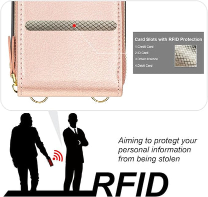 KIHUWEY Crossbody Wallet Case for iPhone 15 Pro Max, Zipper Pocket Case with Card Holder, PU Leather RFID Blocking Protective Cover with Kickstand and Detachable Wrist Strap Lanyard - 6.7" (Rose Gold)