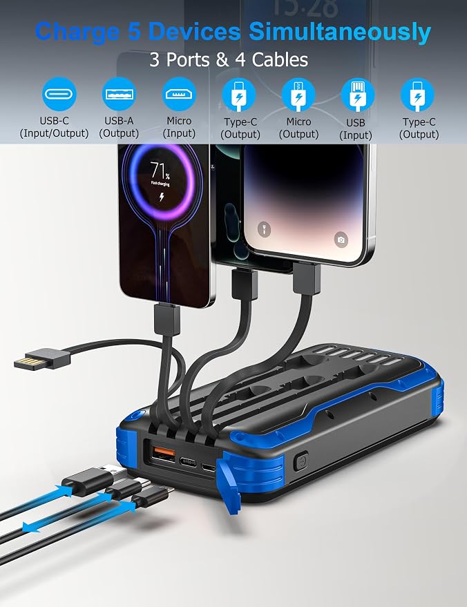 MINRISE Solar Power Bank 40000mAh, Portable Charger PD 20W Fast Charging | Built in 4 Cables and USB-C in/Output,External Battery Pack with Flashlights,for All Cell Phones,for iPad,Camping Essentials