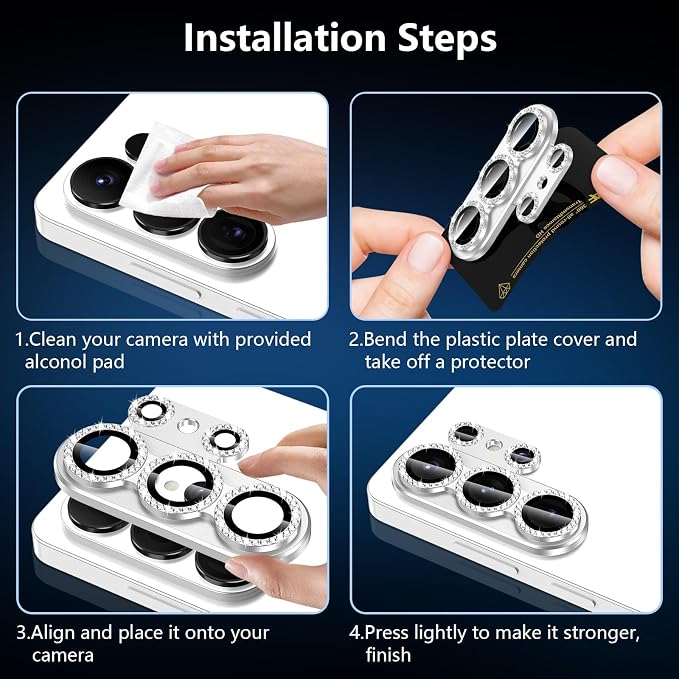 for Samsung Galaxy S26 Ultra Camera Lens Protector, Electroplated Matte Back with 9H Tempered Glass Lens Protector, [Strong Adsorption] [Case-Friendly] Metal Ring HD Lens Cover,Silvery Diamond