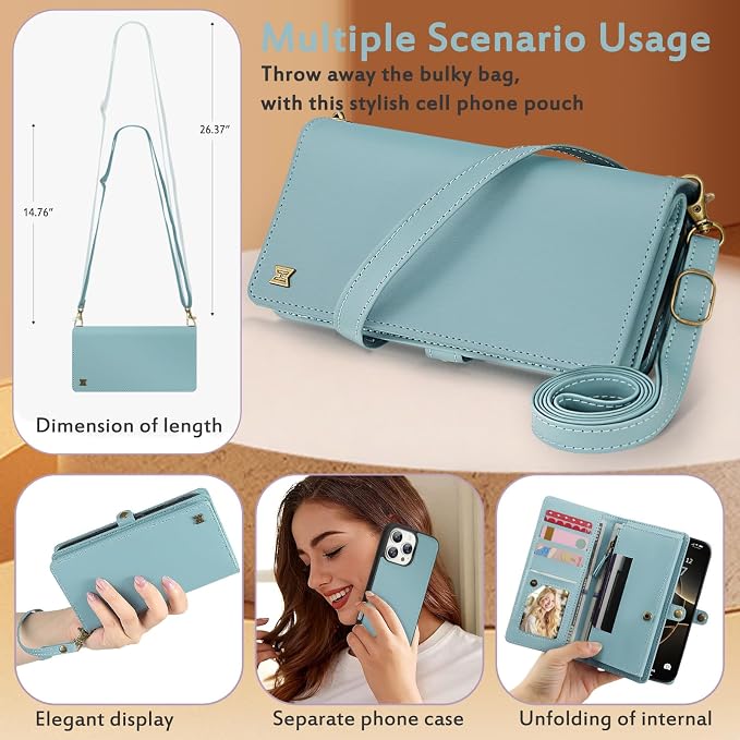 for Wallet Case Compatible with iPhone 16 Pro,Multi-Function Detachable 2 in 1 Magnetic iPhone 16 Pro Wallet,Flip Strap Zipper Card Holder Phone Case with Shoulder Straps (Blue)
