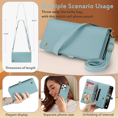 for Wallet Case Compatible with iPhone 16 Pro,Multi-Function Detachable 2 in 1 Magnetic iPhone 16 Pro Wallet,Flip Strap Zipper Card Holder Phone Case with Shoulder Straps (Blue)