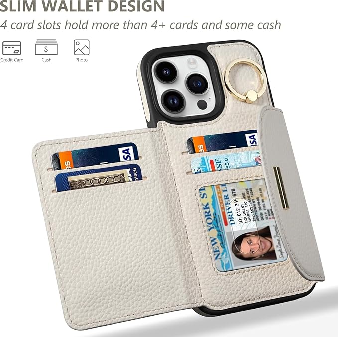 Keallce Wallet Case for iPhone 16 Pro Max 6.9'', Flip Case with Card Slots, Ring Holder Kickstand, PU Leather Protective Folio Cover for Women, Beige