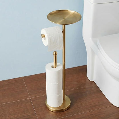 Gold Toilet Paper Holder with Shelf, Freestanding Toilet Paper Holder Stand with Storage for Holding Extra 4 Toilet Paper Rolls, Heavy Base No Tipping Over (Stainless Steel, Gold)