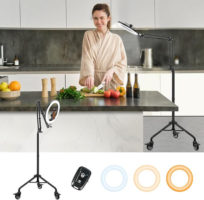 LUXSURE Tripod for iPhone with Ring Light, Overhead Camera Mount with Casters,LED Ring Light with Stand and Phone Holder,Phone Tripod with Light for Video Recording/Live Streaming/Cooking