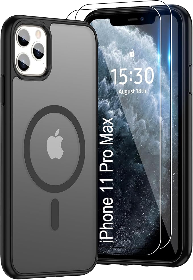 Pilaru for iPhone 11 Pro Max Case [Compatible with Magsafe] Translucent Matte Magnetic Case with Screen Protector,SlimThin Shockproof Military Grade Drop Protection Cover for iPhone 11 ProMax-Black