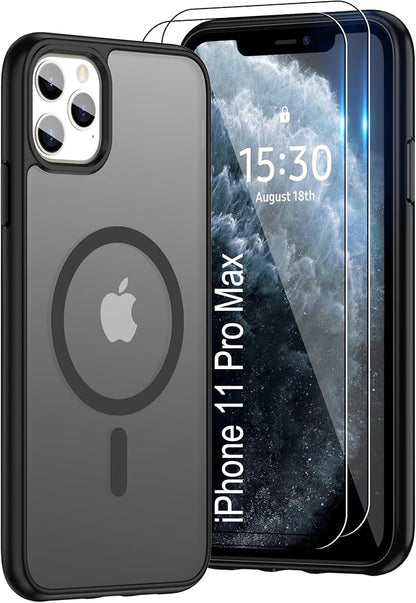 Pilaru for iPhone 11 Pro Max Case [Compatible with Magsafe] Translucent Matte Magnetic Case with Screen Protector,SlimThin Shockproof Military Grade Drop Protection Cover for iPhone 11 ProMax-Black