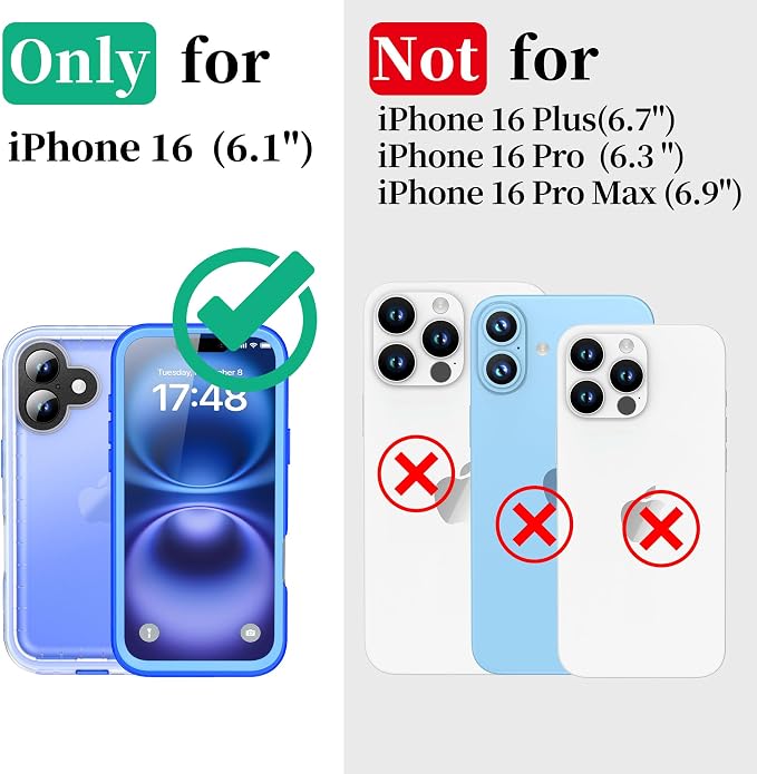Cozycase for iPhone 16 Case Waterproof - 360 Heavy Duty with Screen/Camera Protector Shockproof IP68 Underwater Dustproof Water Dust Shock Proof Full Body/Front and Back Case Blue/Frosted Clear
