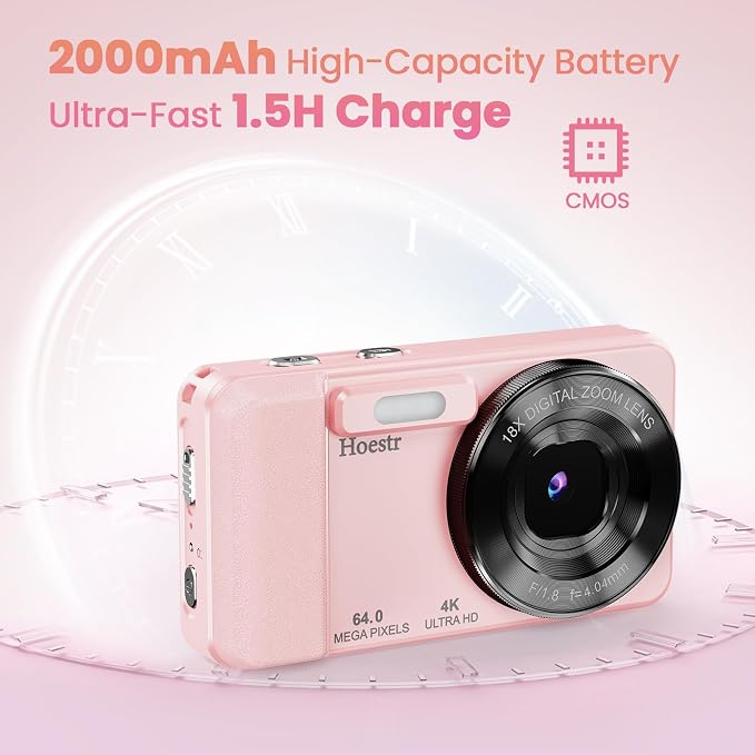 64MP 4K Digital Camera, Hoestr 18X Zoom Autofocus Point and Shoot Compact Camera with 64GB TF Card, Flash, 2.8" LCD Screen for Teens Gifts Adult Beginner Travel Photography Vlogging (Pink)